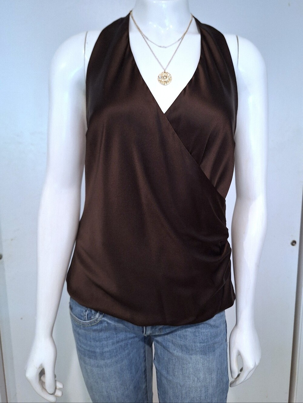 Ann Taylor Sleeveless Brown Satin Halter Surplice Top